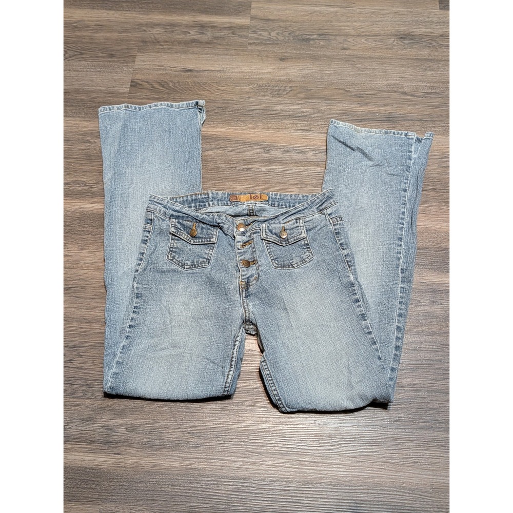 LEI Vintage Y2K Light Wash Flare Jeans Front Flap Pocket Slit Hem Size 9